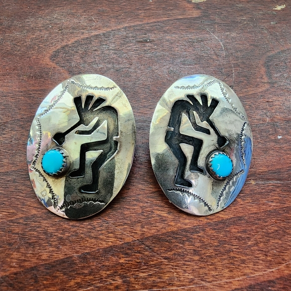 Vintage Silver Torquoise Southwestern Kokopelli Earrings Native Indian - Picture 2 of 8